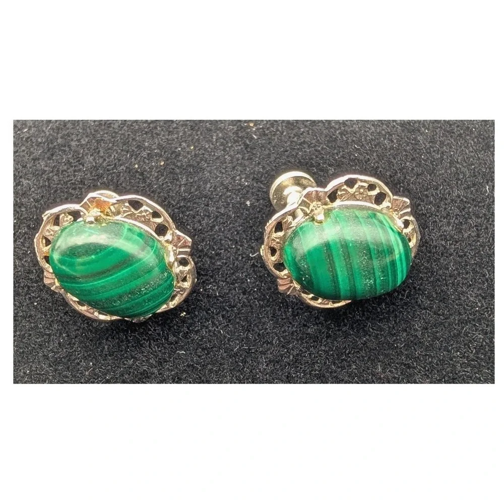 Vintage Malachite Screw Back Earrings Silver Tone Filigree Green Oval Cabochon